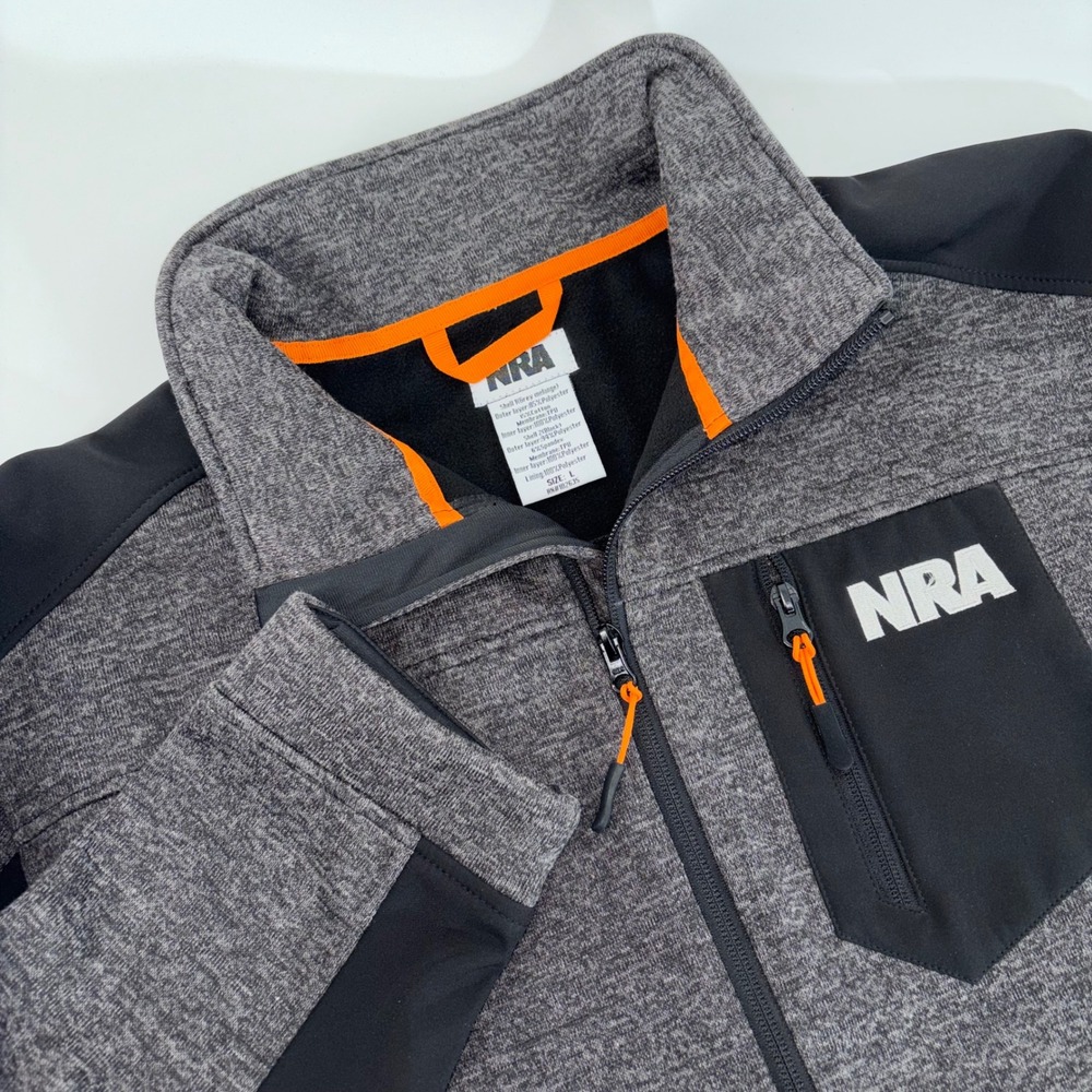 NRA Mens Full Zip Softshell Jacket Grey Black Orange Fleece Lined Large